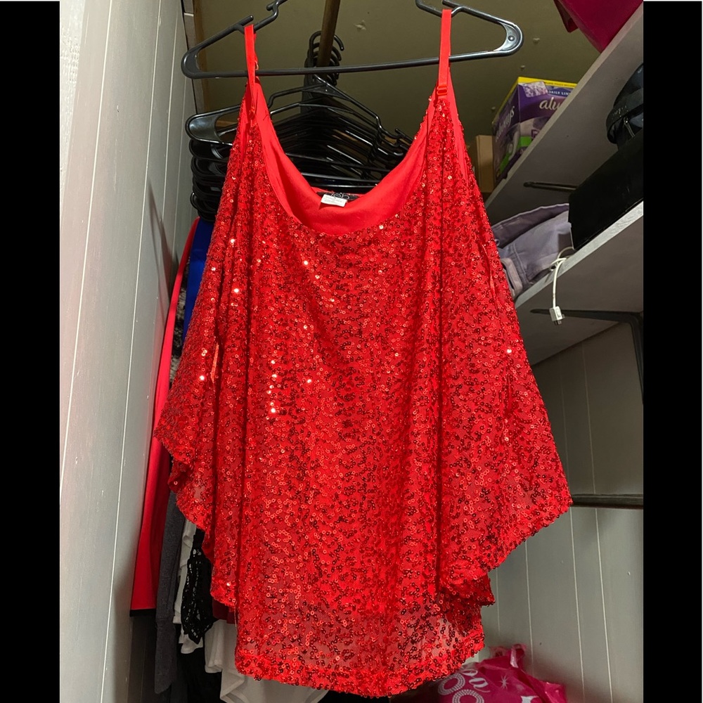 Red sequin top.